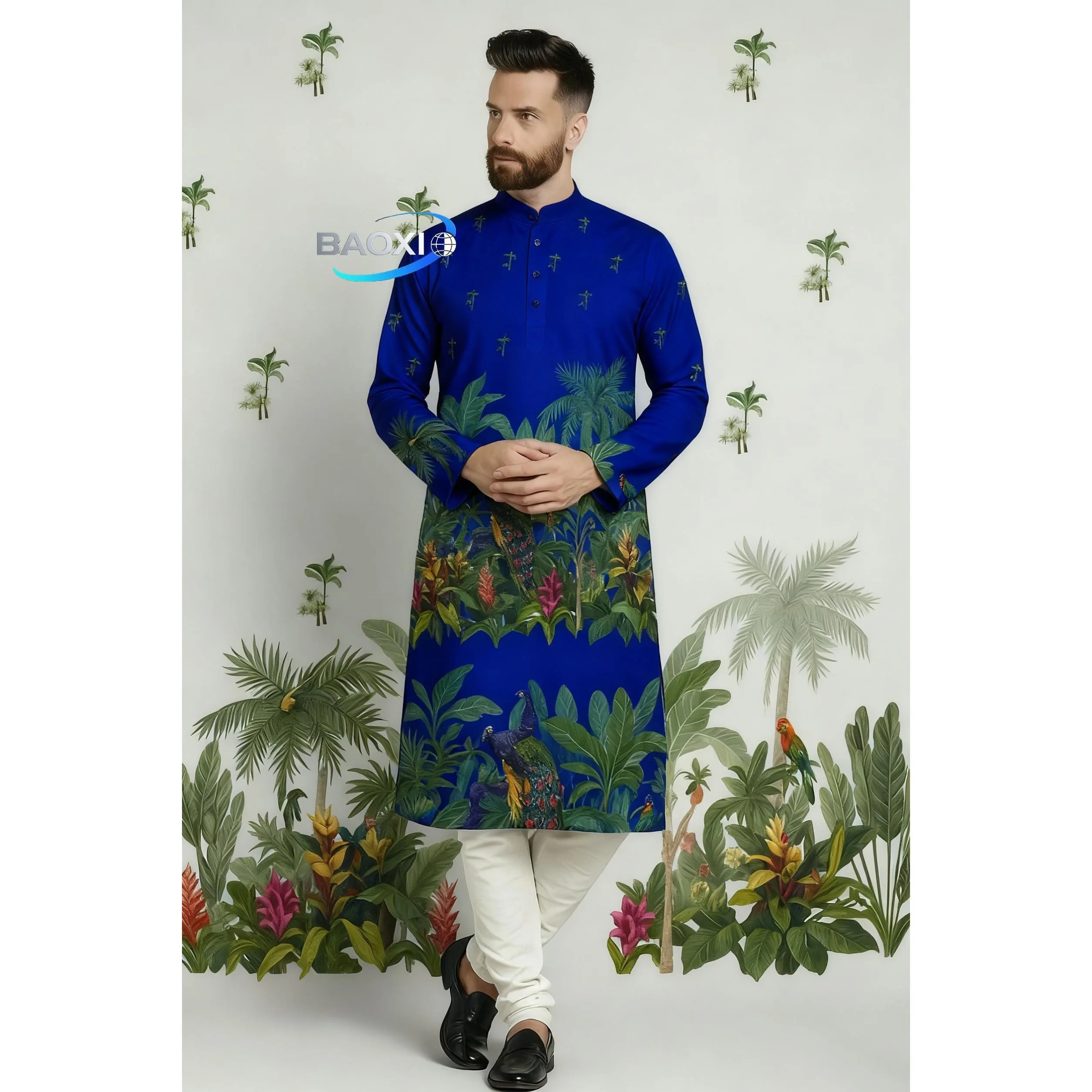 عباية عربية إسلامية للرجال رداء عرقي مطبوع بياقة واقفة قميص شبابي متوسط الطول معطف فاخر غير رسمي المغرب Tenue Arabe Homme #3