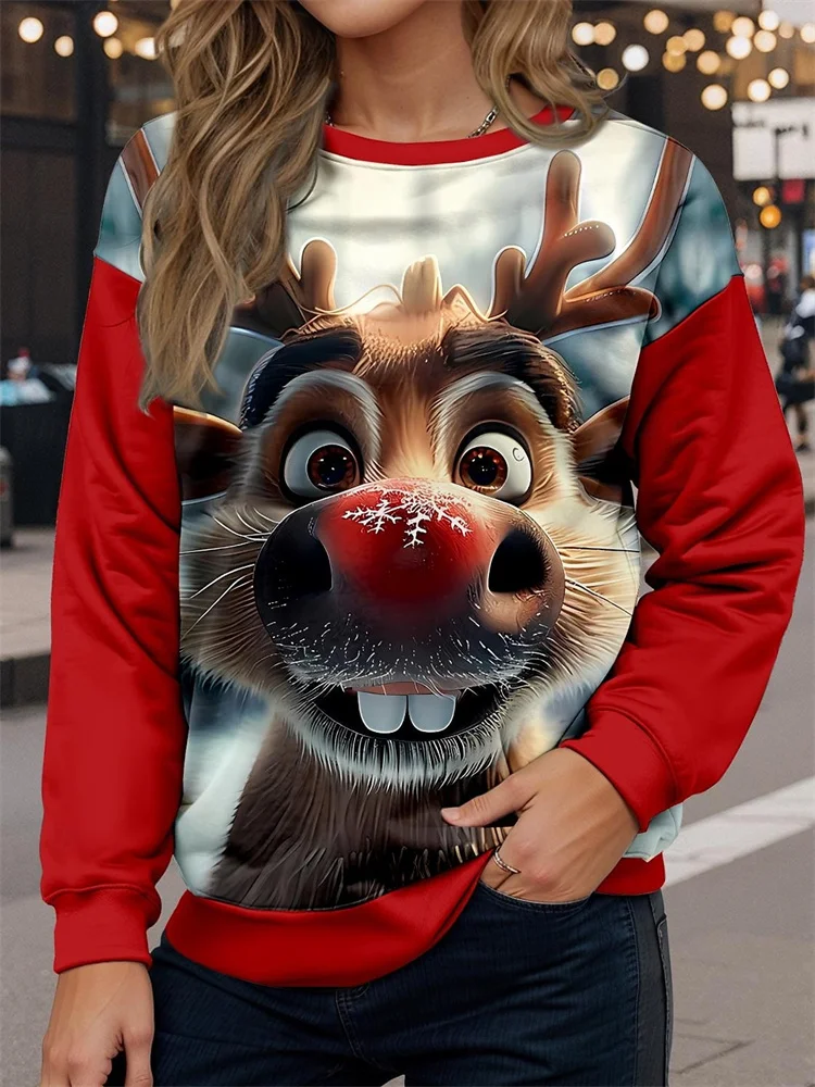 Hooded Shirt Women's Sweatshirt Polyester Reindeer Christmas Street Print Casual Crew Neck Long Sleeve Micro-elastic Fall Winter