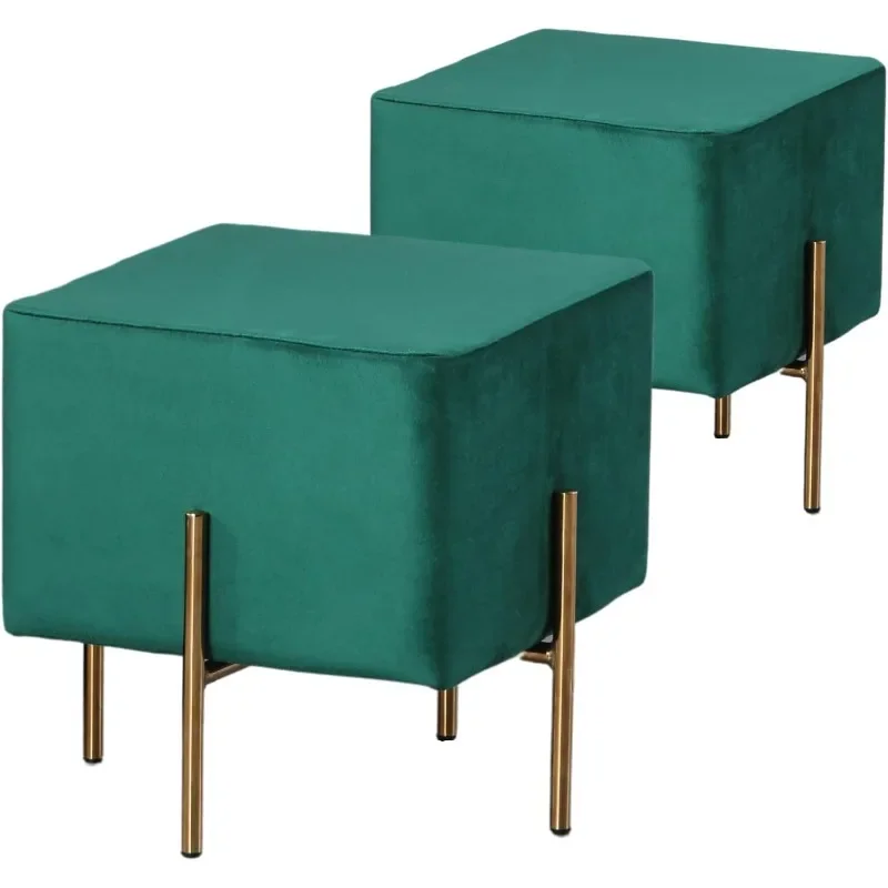 Velvet Stool Set of 2, Modern Emerald Green Vanity Stool Square, Contemporary Foot Stool, Upholstered Foot Rest