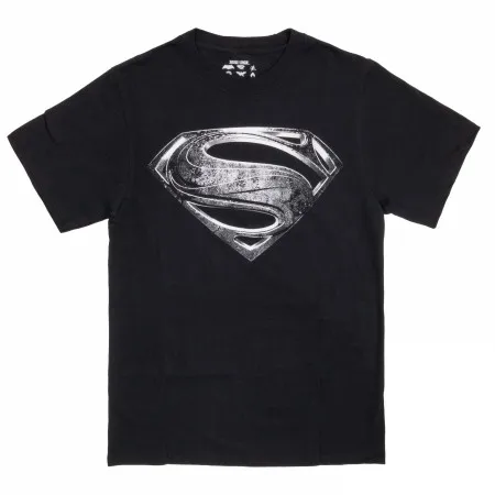 

Superman Black T Shirt Men 2025 Spring Vintage Distressed Metal Logo Design Textured S Shield Print Dc Comics Cotton Top