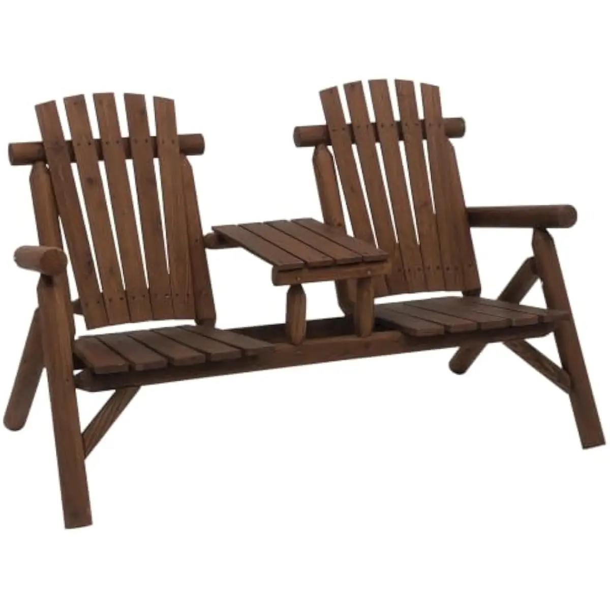 Two-person outdoor fir wood bench with integrated center table and high-back Adirondack styling for patio or garden use — ergono