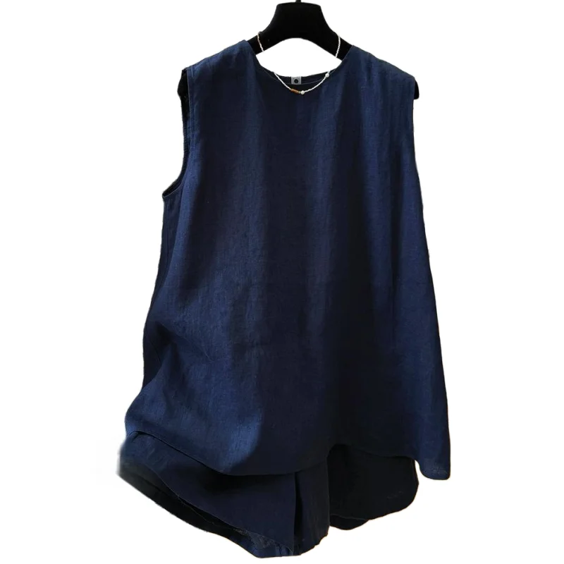 

SuperAen 2025 Summer New Solid Color Linen Sleeveless Vest Tops Simple Casual Shorts Loose Pants Two-piece Sets