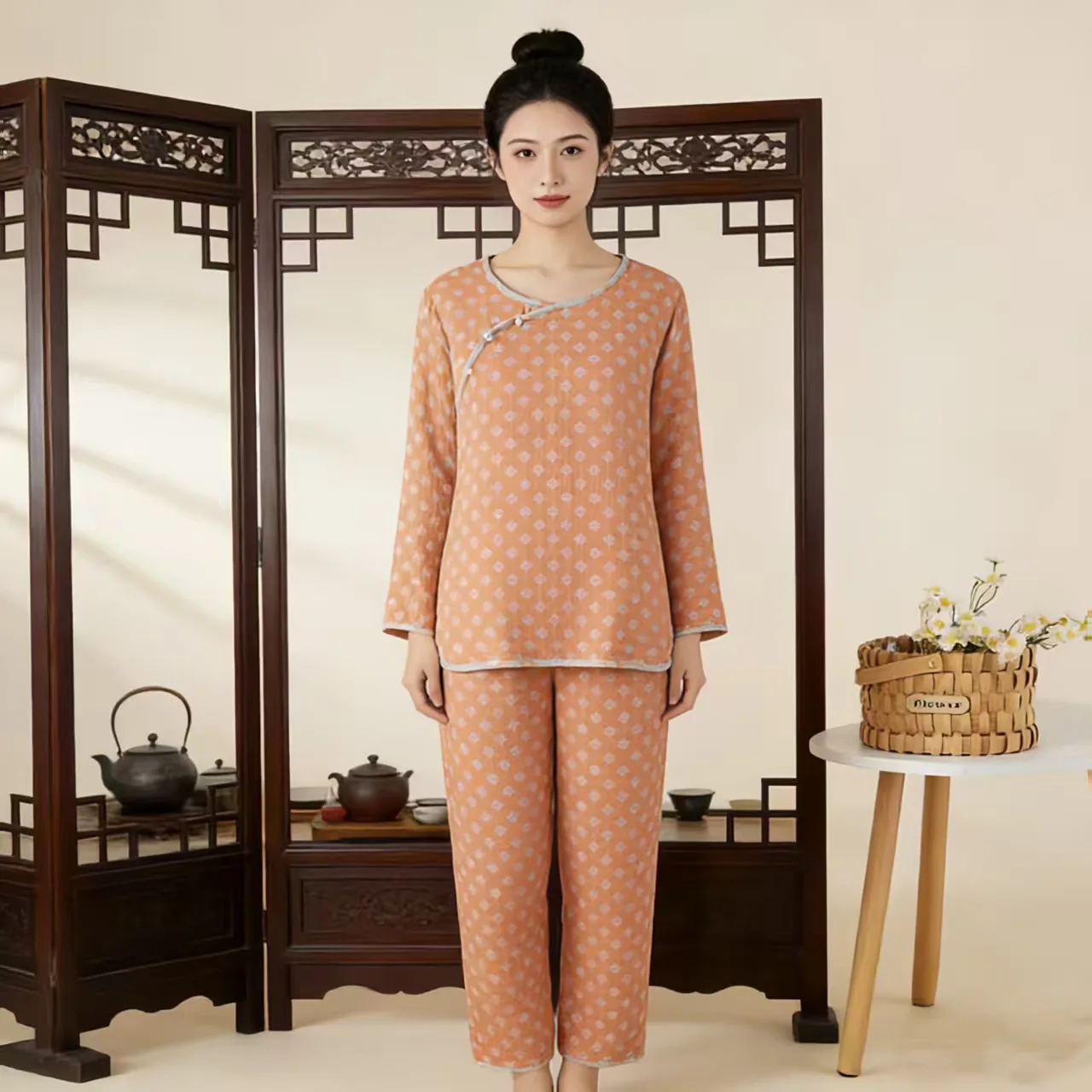 Pure Cotton Yarn-Dyed Women's Loungewear Set, Chinese Style Frog Button Oblique Placket Long Sleeve Pants, Retro Loose Pajamas.