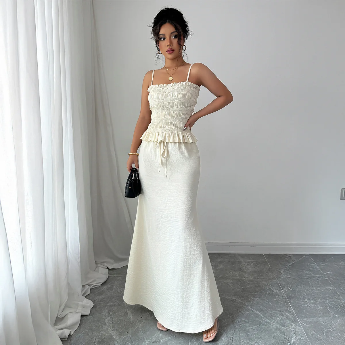

Ruffled Sleeveless Elastic Camisole + Hip Skirt 2-piece Set Elegant Women's Fashion Street Wear Holiday Beige Maxi Skirt Suit