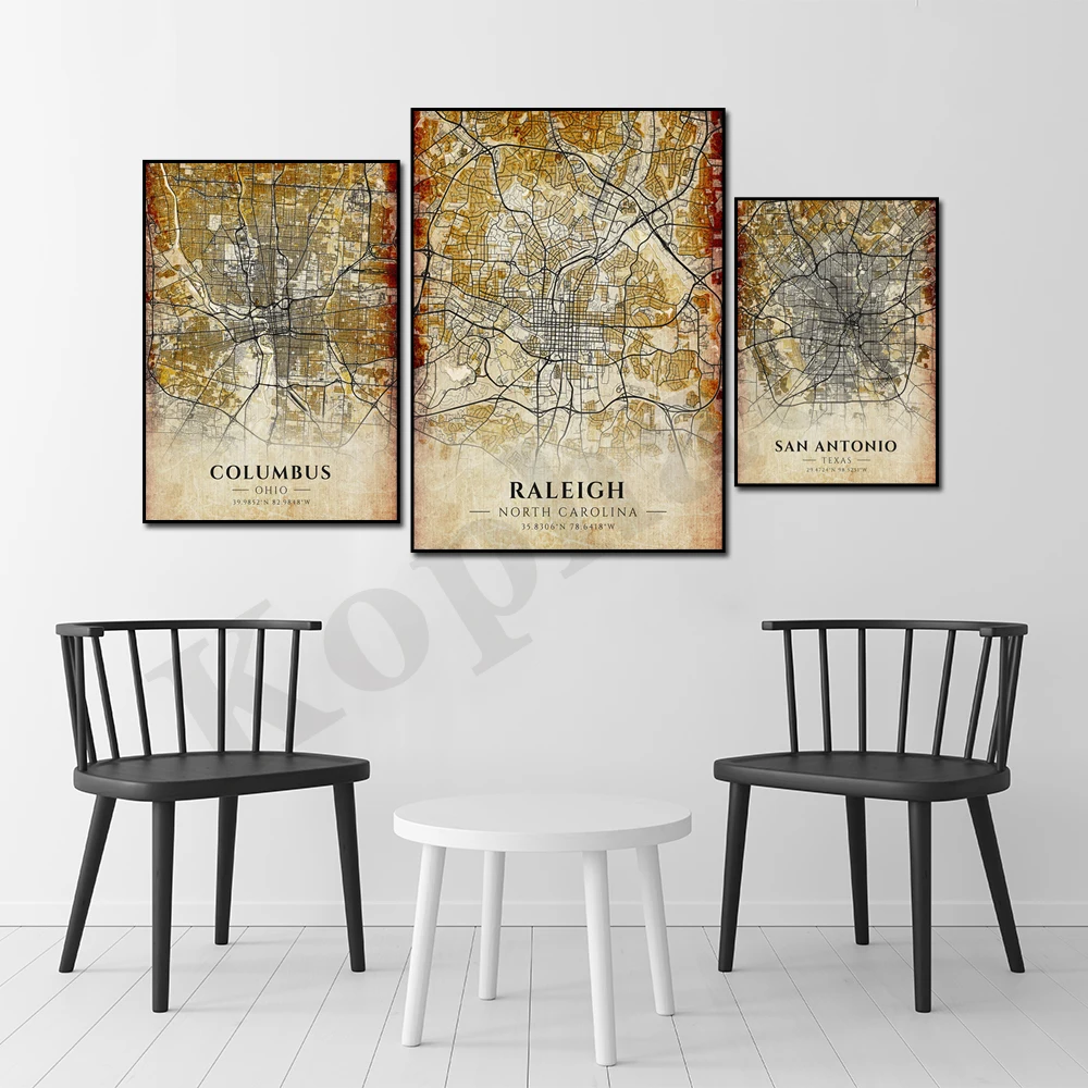 Dallas San Antonio Raleigh Cleveland Charlotte El Paso Corpus Christi Columbus. City Map. Home Wall Decor Art Canvas Painting