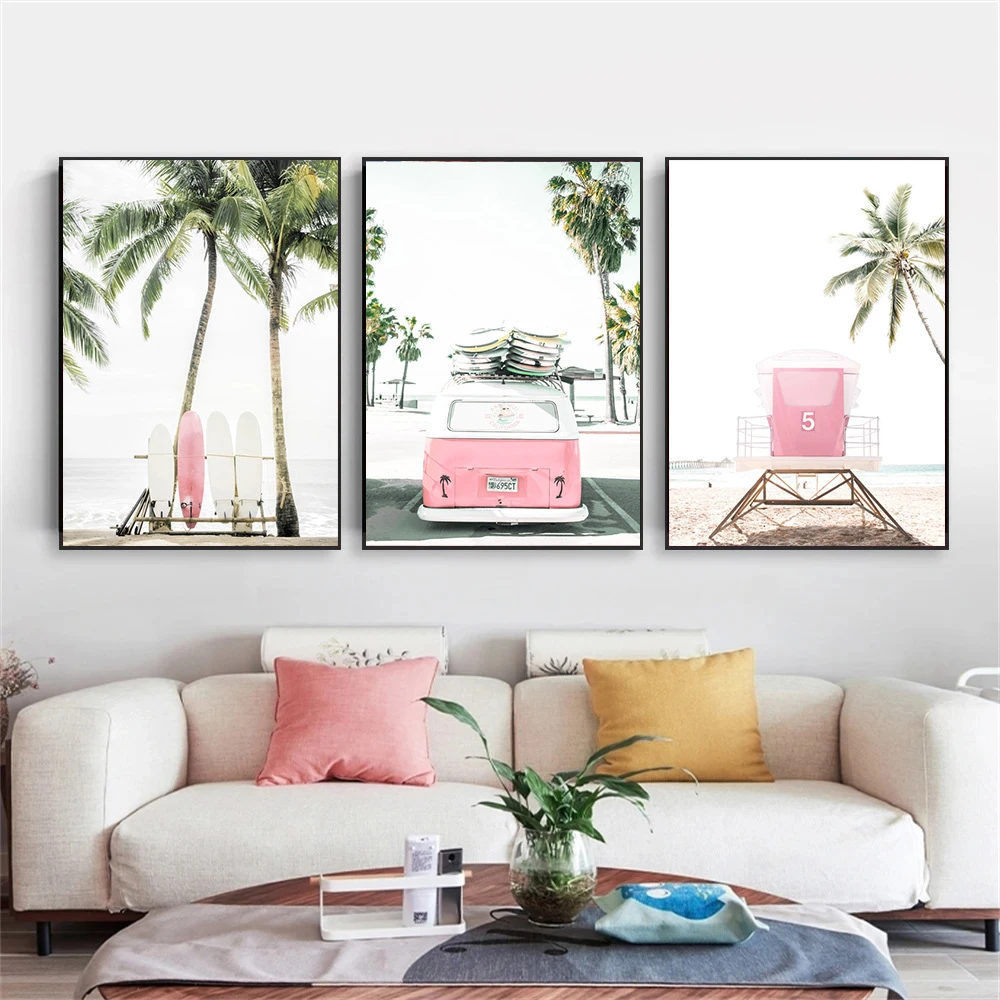 Pink Car Surfboard Wall Poster Sea Beach Canvas Painting Coconut Tree Art Prints Nordic Wall Pictures Living Room Bedroom Decor