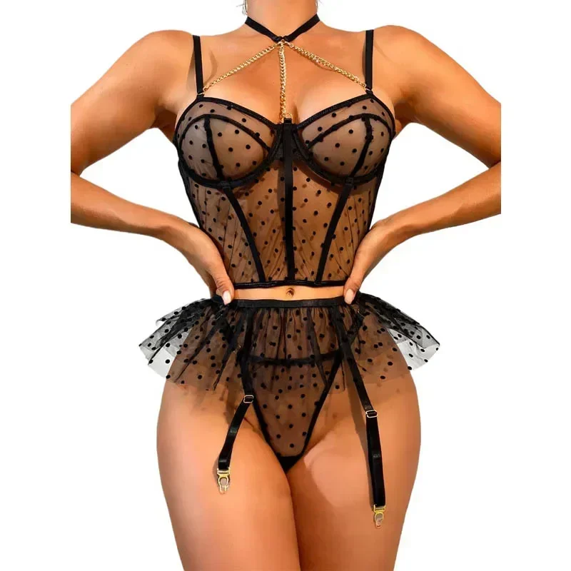 See Through Suspender Mini Skirt Set Sexy Lingеrie Set Female Underwear Sexy Cute Women's Mesh bra and panty set Womens Lingerie