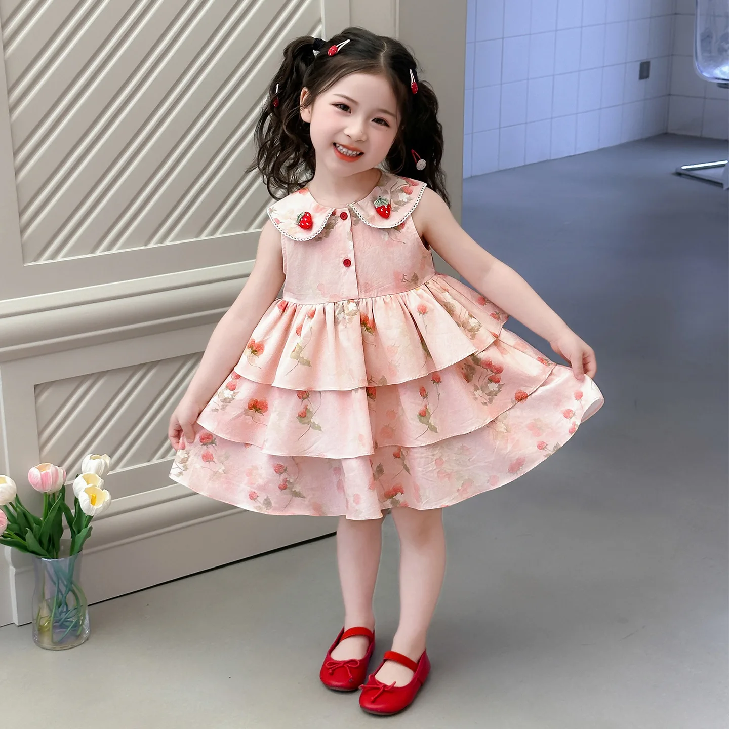 Girls Dress 2026 Summer New Strawberry Doll-neck Dress Children Clothing Korean Campus Cake Dress