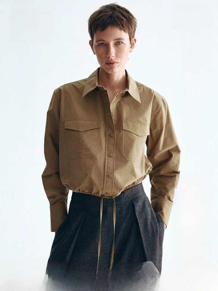 

H&M Women's Shirt 2026 Summer New Arrival Spring Outing Drawstring Travel Shirt Cotton Nylon Blend Long Sleeve Button up