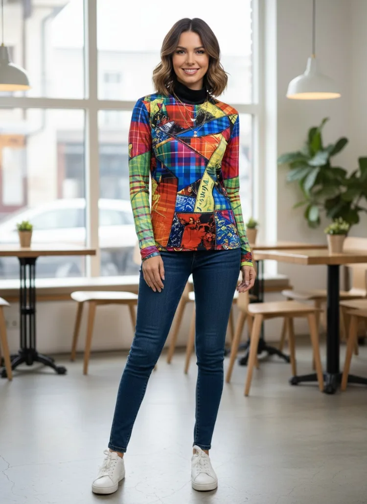

UOOZEE Women's Colorful Patchwork Plaid Printed High Neck Long Sleeves Tops Slim Fit High Street Streetwear Fashion T-Shirts