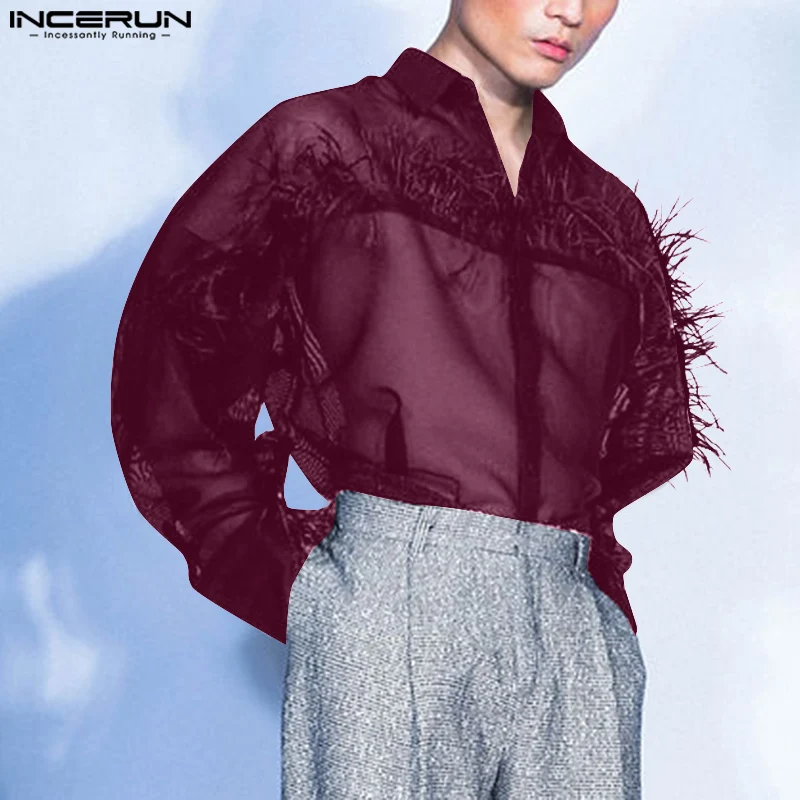 INCERUN Men Long Sleeved Shirts 2024 Casual See Through Handsome Elegant Blouses Lapel Simple Feather Design Loose Top Tunics