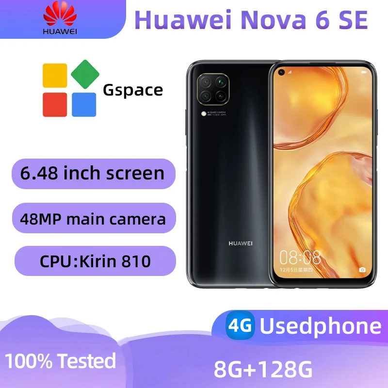 Huawei Nova 6 SE 4G SmartPhone Kirin 810 8GB RAM 128GB ROM 4200mAh 48.0MP Main Camera Original Used Phone