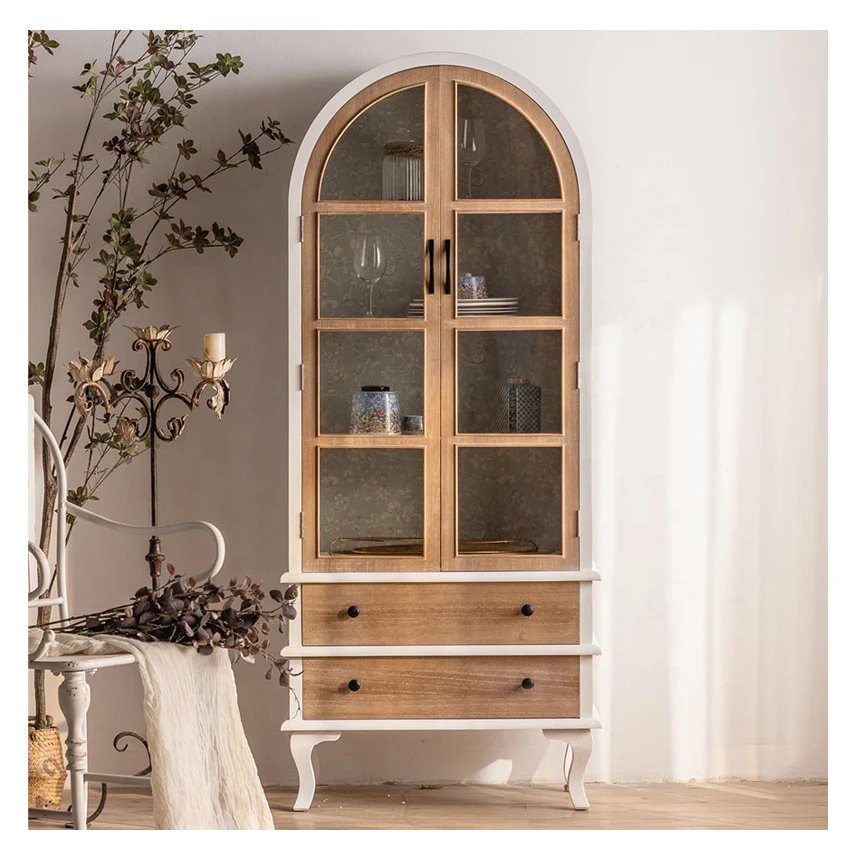 

Farmhouse Vintage Rustic Arched Display Glass Door 4 Shelf 2 Drawer Wooden Storage Cabinet