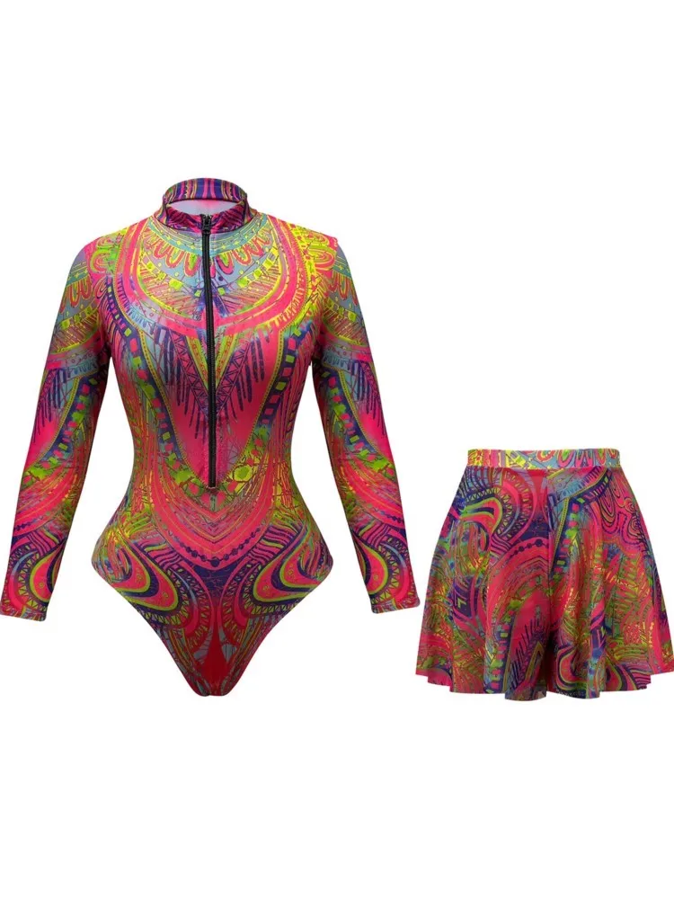 

Women's Clothing Two Piece Swimwears Mesh Long Sleeve Flower O-Neck Bikini Set Beach Shorts Polyester Swimwear Style