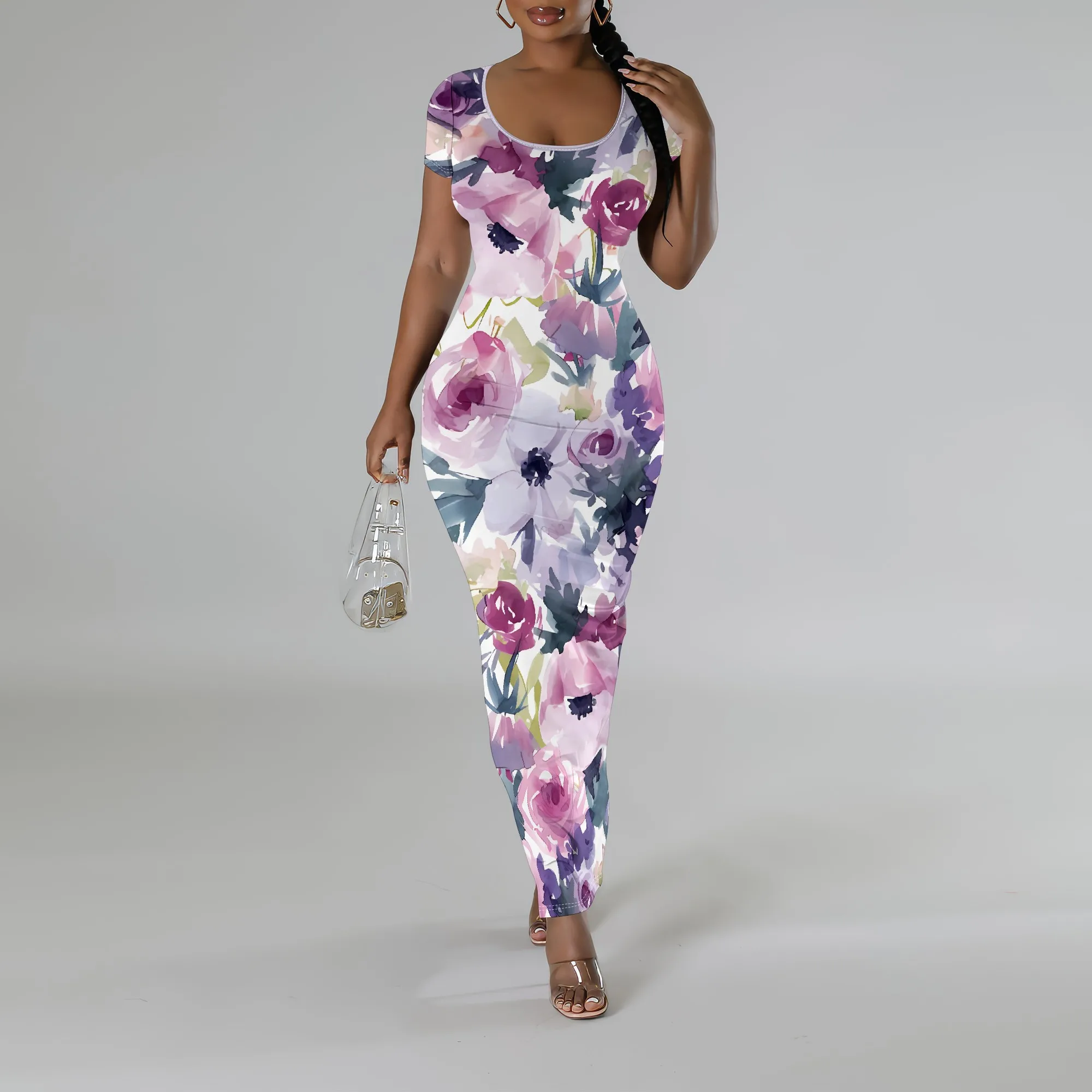 

Nupusa Colorful Floral Print Bodycon Dress for Women U-Neck Short Sleeve Summer Casual Maxi Dress