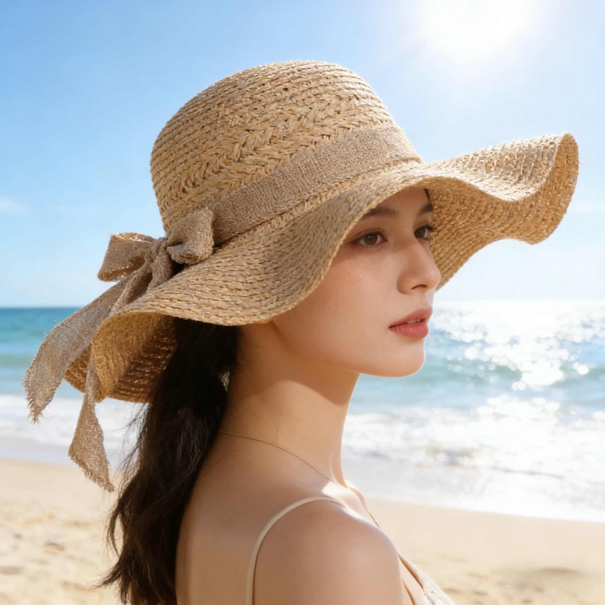 

1Pc Women's Seaside Bow Beach Hat Oversize Straw Hat Women's Summer Sun Block Big Brim Hat Suitable For Sun Protection