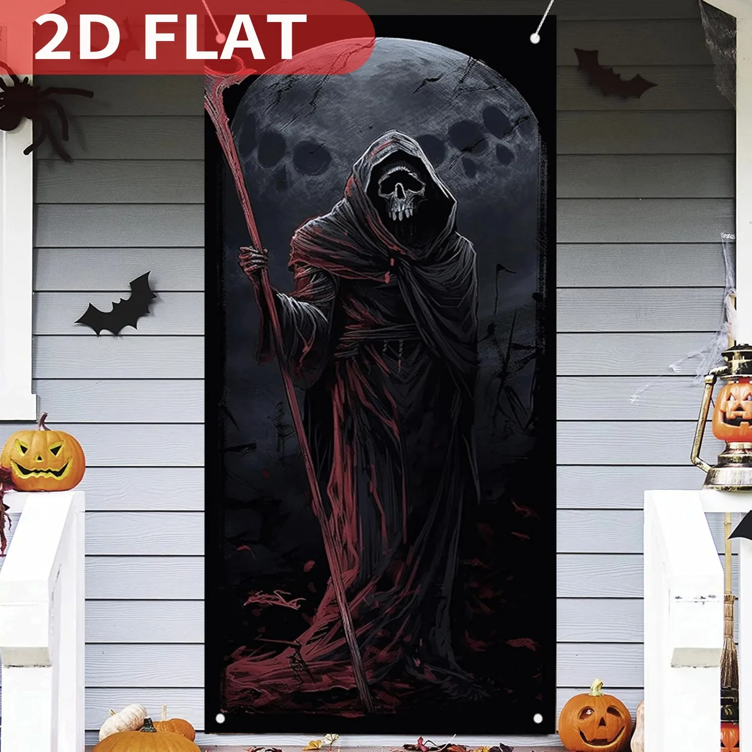 

1p Halloween Door Cover, Horror Banner With Skeleton and Grim, Polyester Decor Door Decor Scary Party Photo Background Banner
