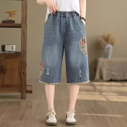 Calça Capri com elástico de cintura alta feminina, jeans bordados vintage folclóricos, bolsos soltos, emendados, casual, reto, angustiado, verão