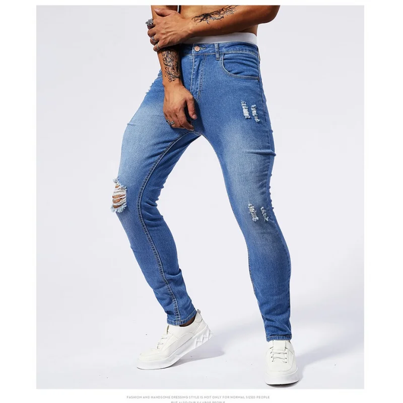 Fashionable American style distressed jeans for men's 2024new summer thin stretch slim fit small foot tight classic street pants