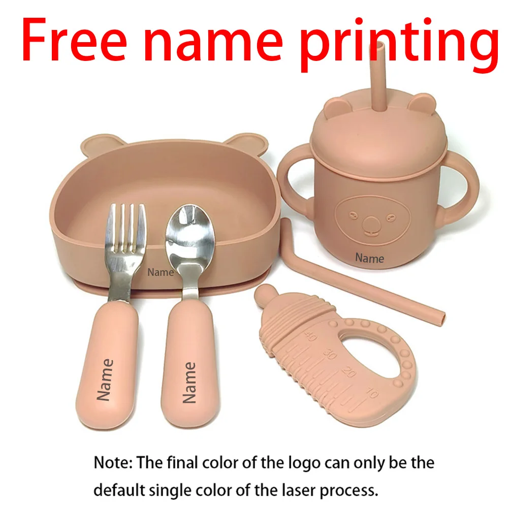 

Free Name Printing Silicone Children's Tableware Feeding Bowl Silicone Fork Spoon Cup Meal Training Holiday Gift
