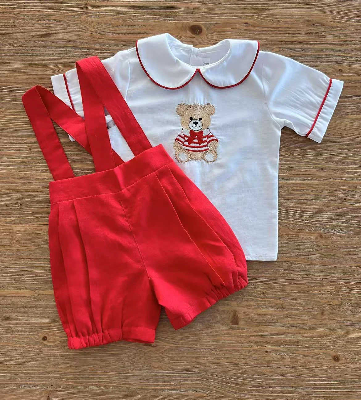 0-6Y Baby Boy Spring Summer Bear Embroidery Vintage Red Set for Eid Causal Birthday Photography Christmas B331