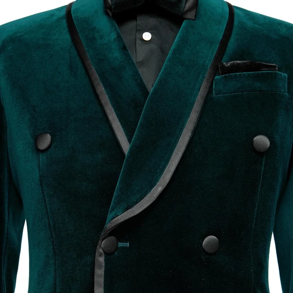 Green Velvet Men\'s Suits 2 Piece Fashion Groom Wedding Party Tuxedo Slim Chic Shawl Lapel Double Breasted Male Suit 2024