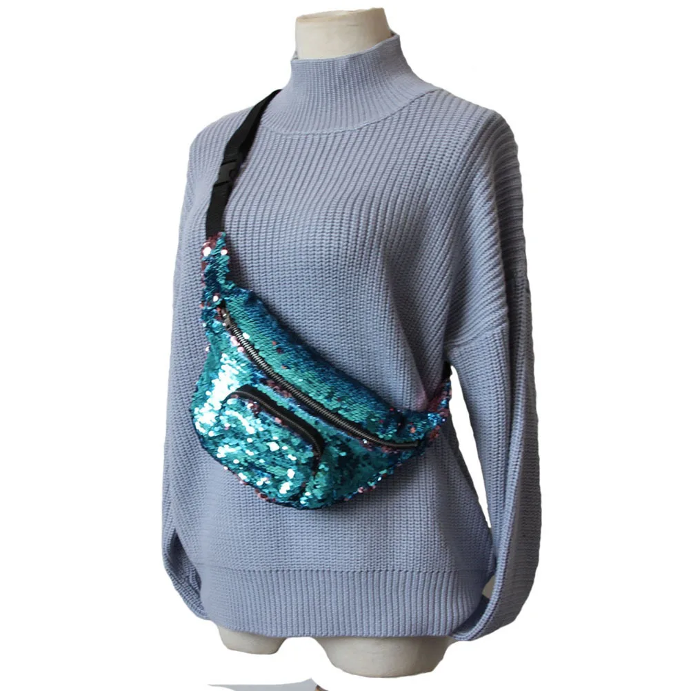 Image 7: Sac de taille à paillettes pour femmes, sac banane multifonctionnel réglable avec fermeture éclair lisse, grande capacité, bleu lac rose