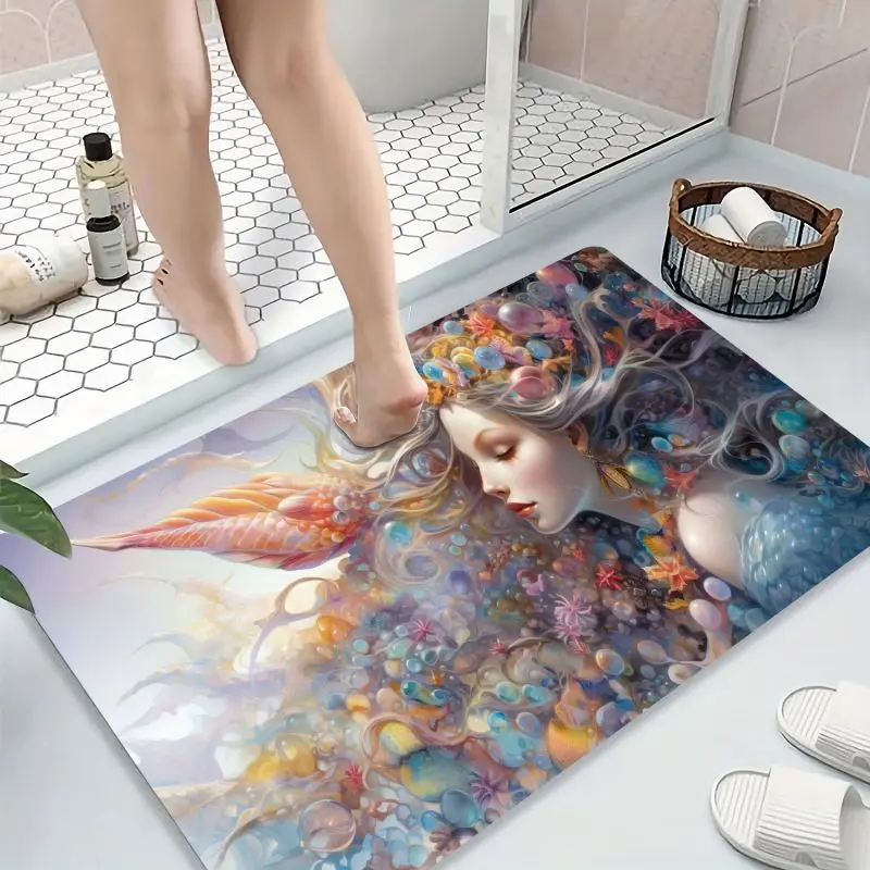 Mermaid Floral Pattern Bath Mat Super Absorbent Bathroom Carpet Non Slip Shower Kitchen Rug Home Bedroom Decor Hallway Doormat