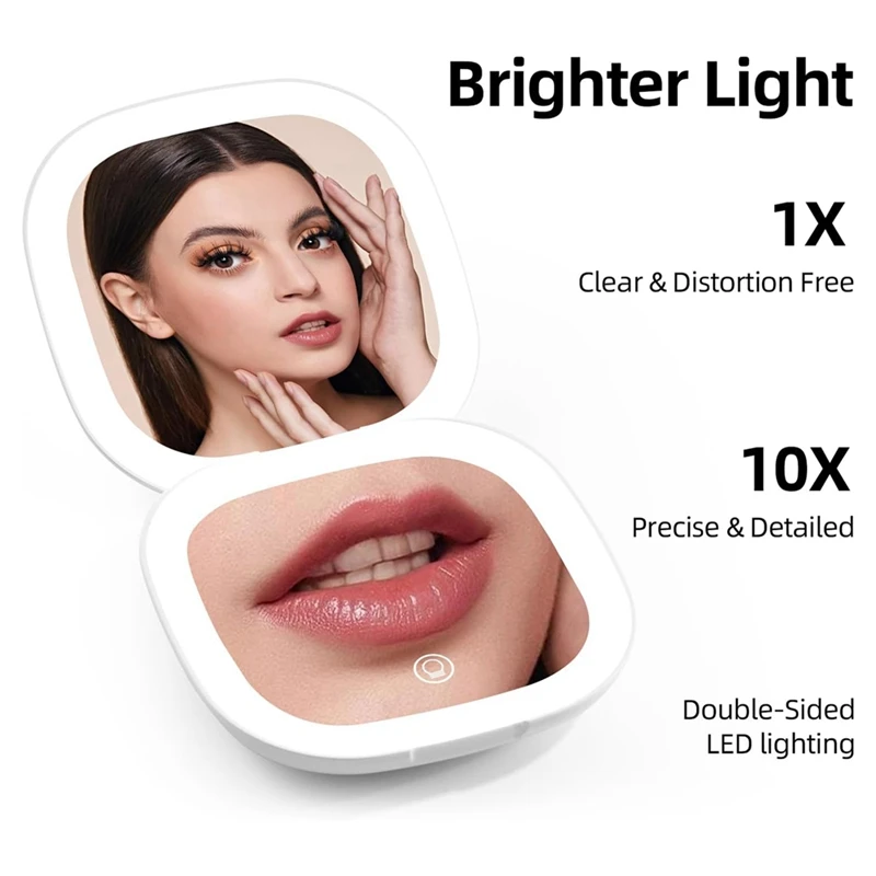 Espelho de maquiagem de bolso com luz LED, dupla face, recarregável Touch Screen, Ampliação 10X, 3,5 polegadas