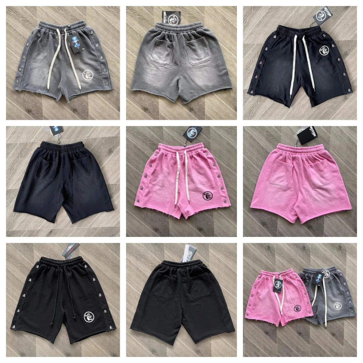 Hellstar Unisex Vintage Washed Pure Cotton Knee‑Length Shorts, Metal Button Decor European American Street Casual Sports Shorts