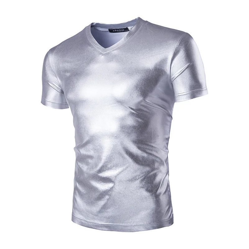 Men's V-neck Solid Color Glossy Nightclub Design Dynamic Fashion Sexy Men's Short-sleeved T-shirt