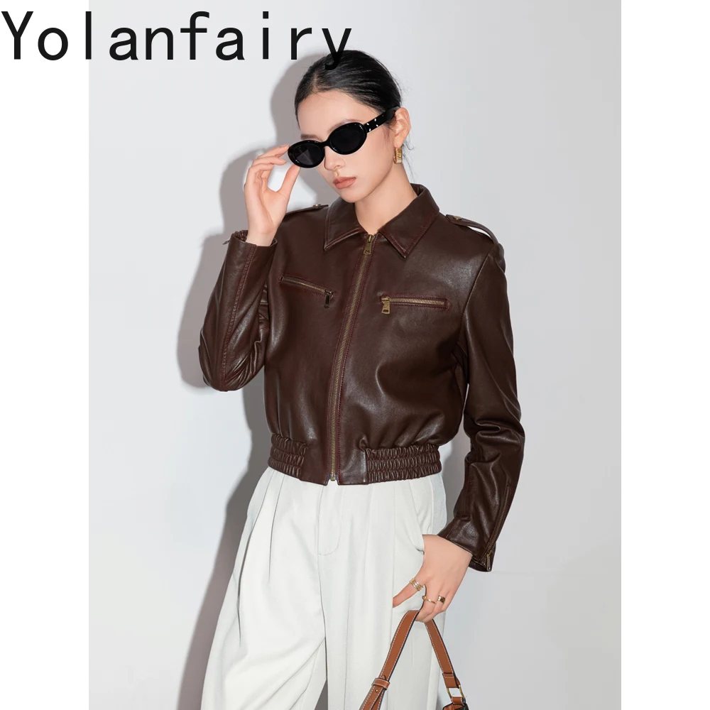 YOLANFAIRY 高品質リアルシープスキンヴィンテージレザージャケット女性ショート本革コートストリートシックなレザージャケット