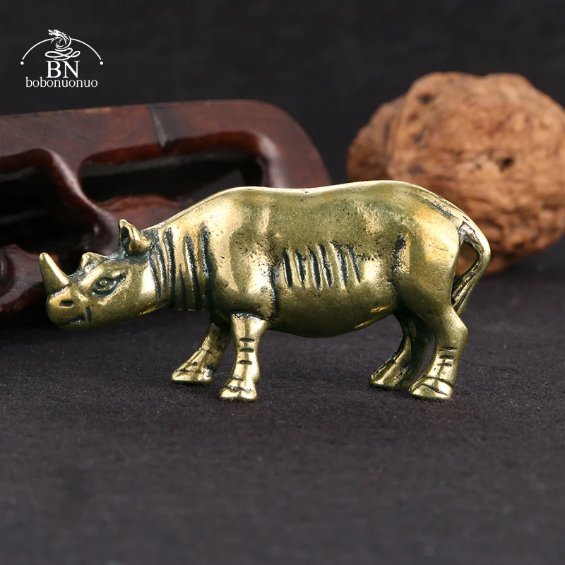 Solid Brass Rhino Small Statue Office Desktop Ornaments Decoration Crafts Collection Metal Animal Figurines Miniatures Toy Gifts