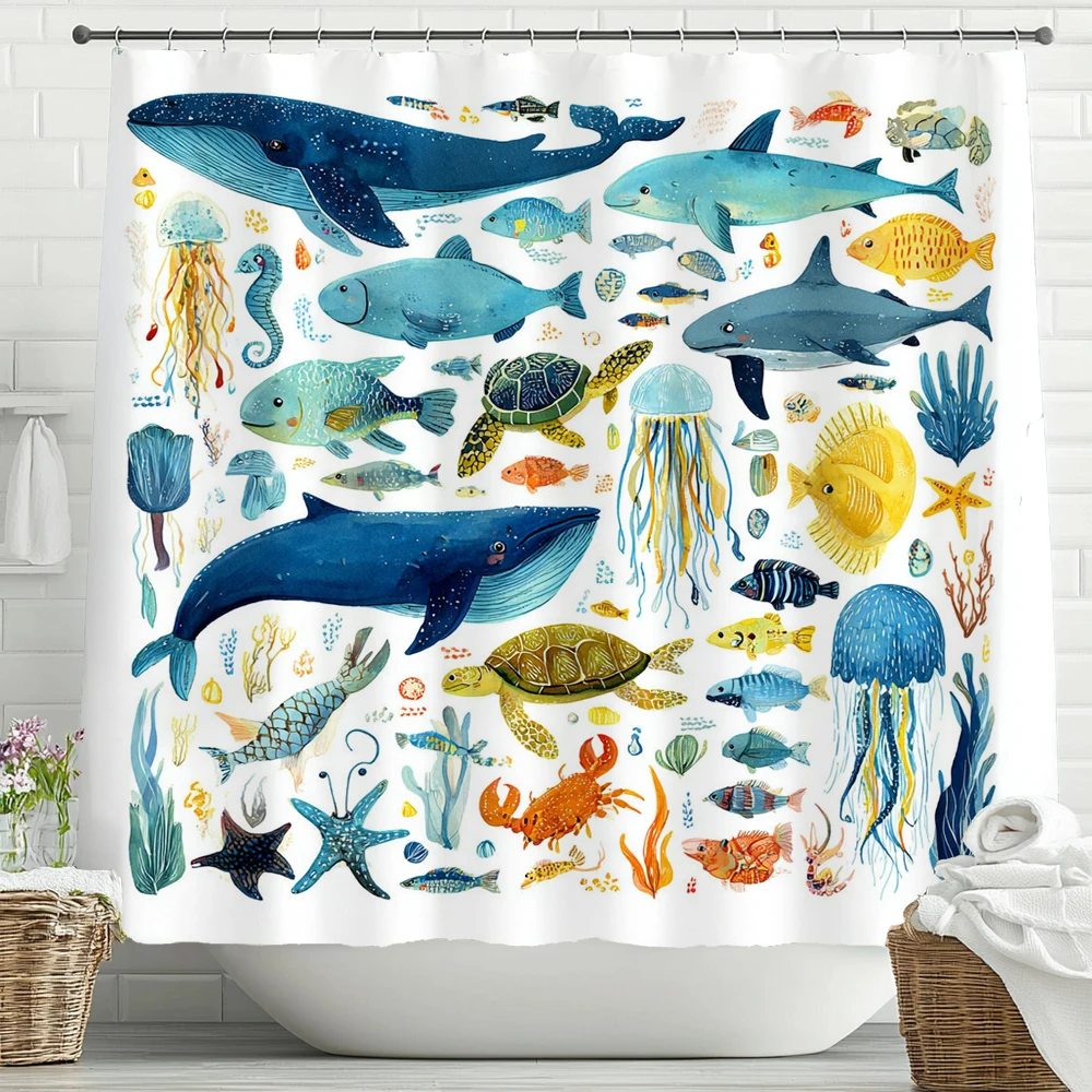 

Cartoon Blue Sea dolphin Underwater world Printed Shower Curtain, Bathroom Shower Curtain, Home Decorative Curtain with Hooks