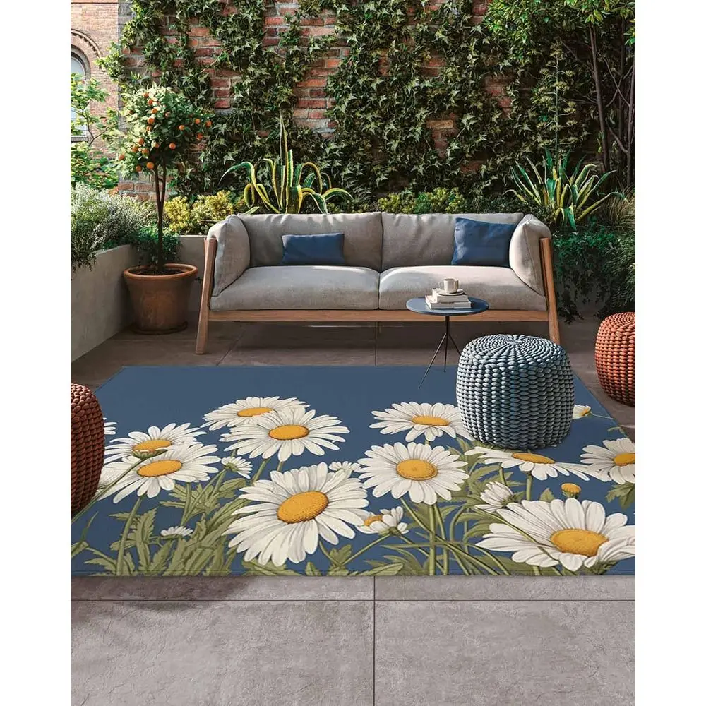 

5x8ft Outdoor Patio Rug with Chrysanthemum Floral Design, Durable for Deck, Backyard, and Porch - Rustic Vintage Style