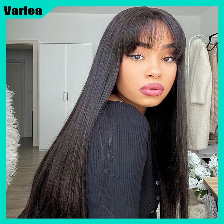 Varlea 200% Density Bob Wigs Full Woven With Bangs Wig Short Wig No Lace Wig Straight Human Hair Wigs Black Wig Brazilian Hair