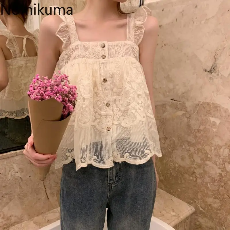 2024 Ropa Mujer Summer Blouse Women Square Collar Flying Sleeve Sweet Shirts Y2k Tops Single Breasted Lace Sweet Loose Blouses