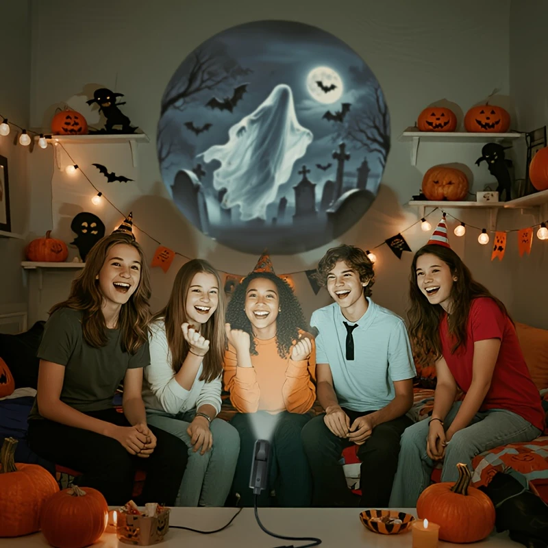 Halloween USB Projection Lamp,6pcs Patterns LED Light Ghost,Witch,Skeleton,Halloween Atmosphere Light Festive Decoration