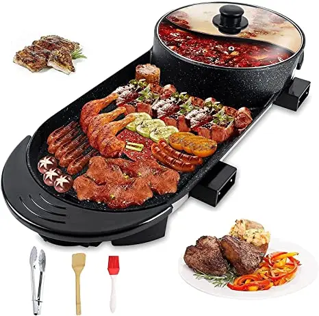 Electric Grill Hot Pot 2 in 1Multifunctional Smokeless Grill Indoor Grill Pot Non-Stick Pan BBQ Capacity for 2-12 People 110V