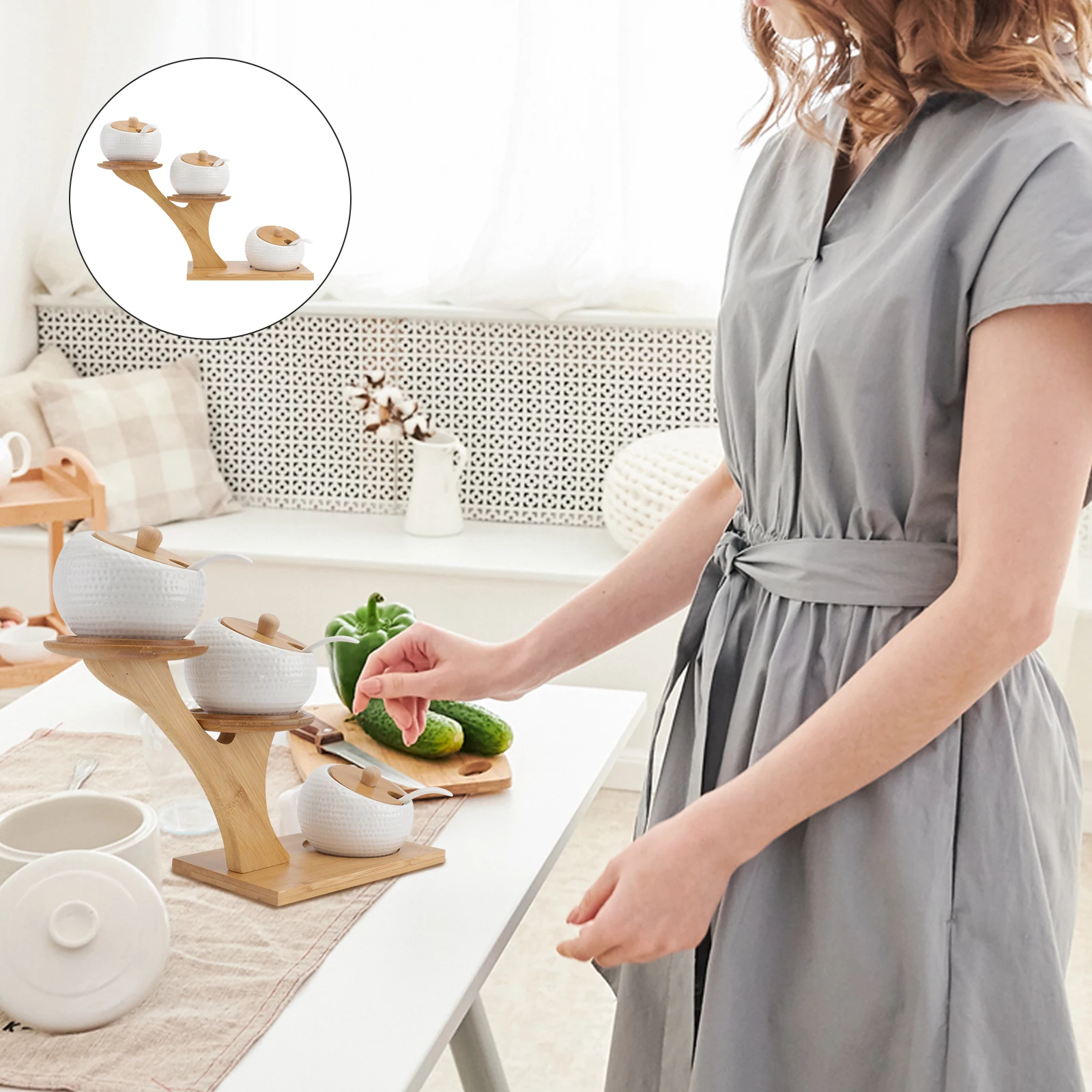 

1 Set Ceramic Condiment Jars Spice Seasoning Storage Pots Kitchen Containers Wooden Base Sealable Moisture Proof Heat