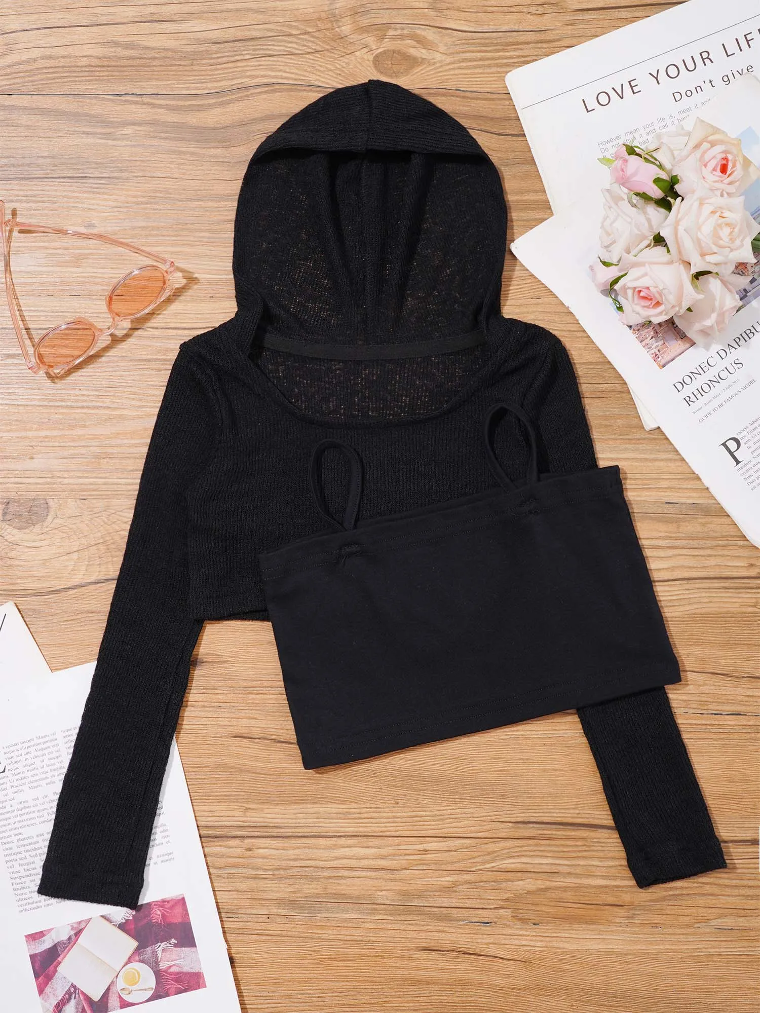 Kids Girl Street Wear Hip Hop Jazz Dance Costume Long Sleeve See-Through Hooded Crop Top+Spaghetti Straps Camisole Dancewear Set