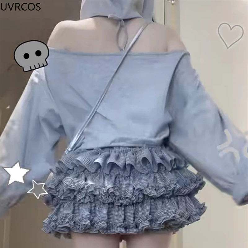 Autumn Kawaii 2 Piece Skirt Suit Women Casual Y2k Lolita Mini Cake Skirt Set Female Korean Fashion Hooded Top Sweet Set 2023 New