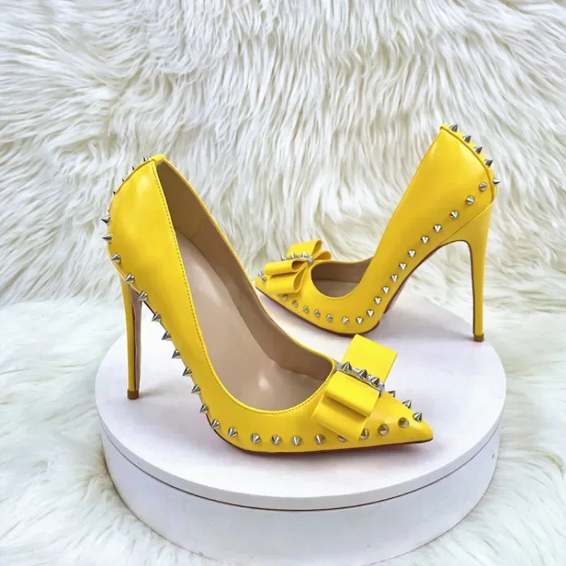 Office Career Women Pumps PU 12CM Stiletto 2023 New Butterfly Rivet Pointed Shallow Mouth Single Shoe Woman Shoe Yellow