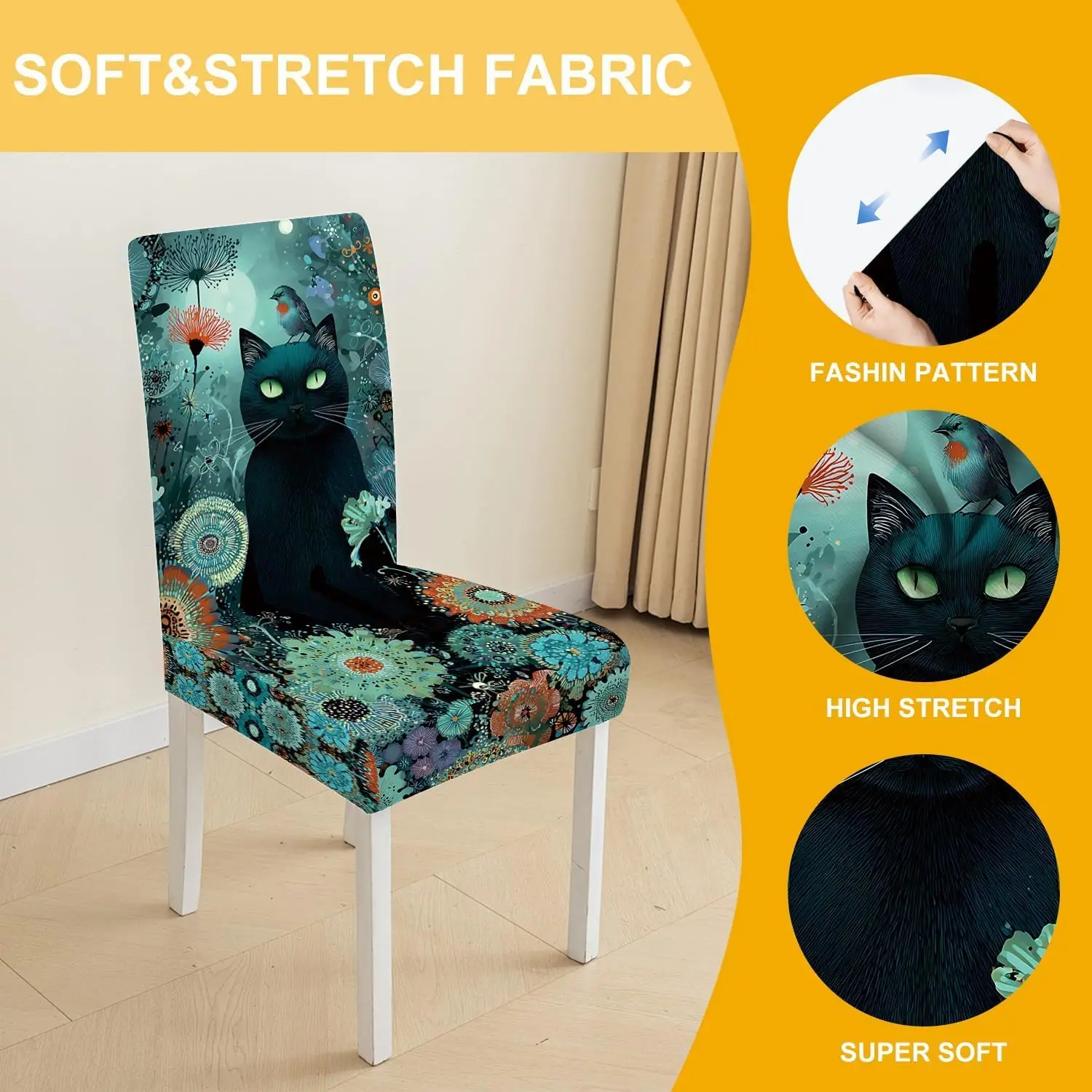 Artistic Floral Black Cat Dining Chair Cover 1Pc, Stretch Removable Slipcover Anti-dust Seat Protector for Kitchen Wedding Party
