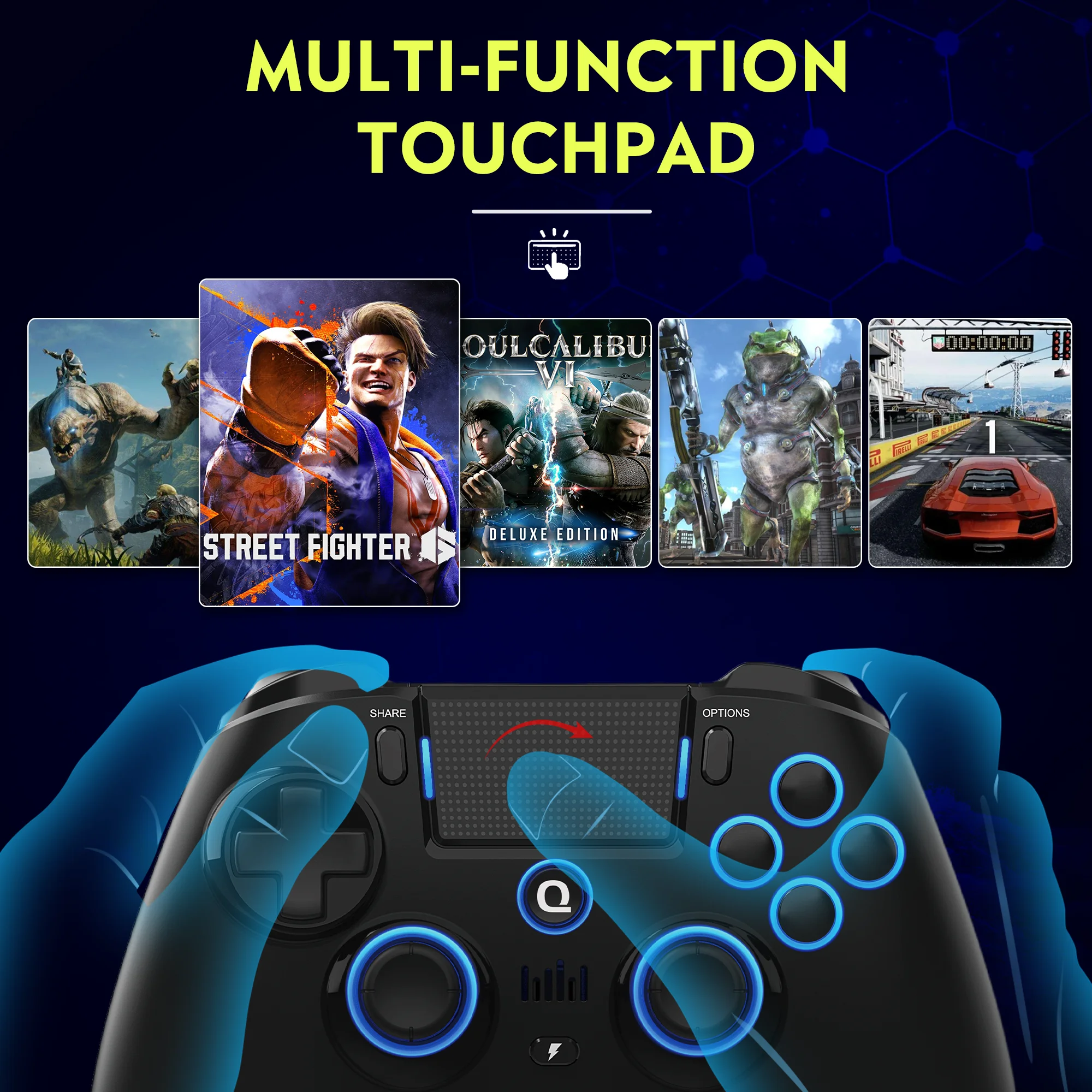 Kontroler bezprzewodowy QRD Spark N5 do PS5 PS4 PS3 IOS Android PC Efekt Halla 9-kolorowe diody LED Efekt wibracji Gamepad PS4