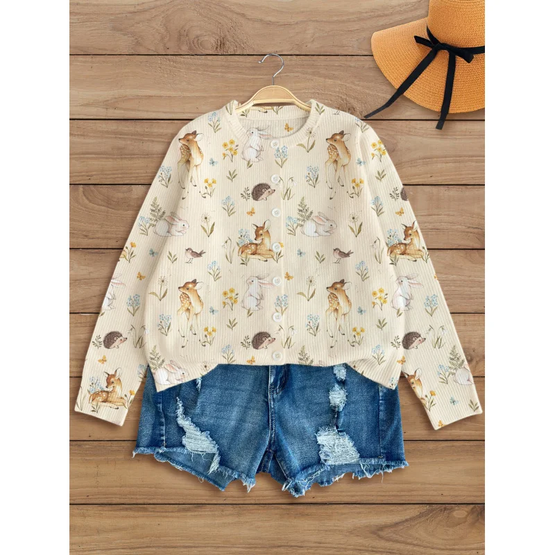 

Forest Style Deer Hedgehog Rabbit Floral Digital Print Girls' Sweater Cardigan Warm High-Quality Round Neck Long Sleeve Button
