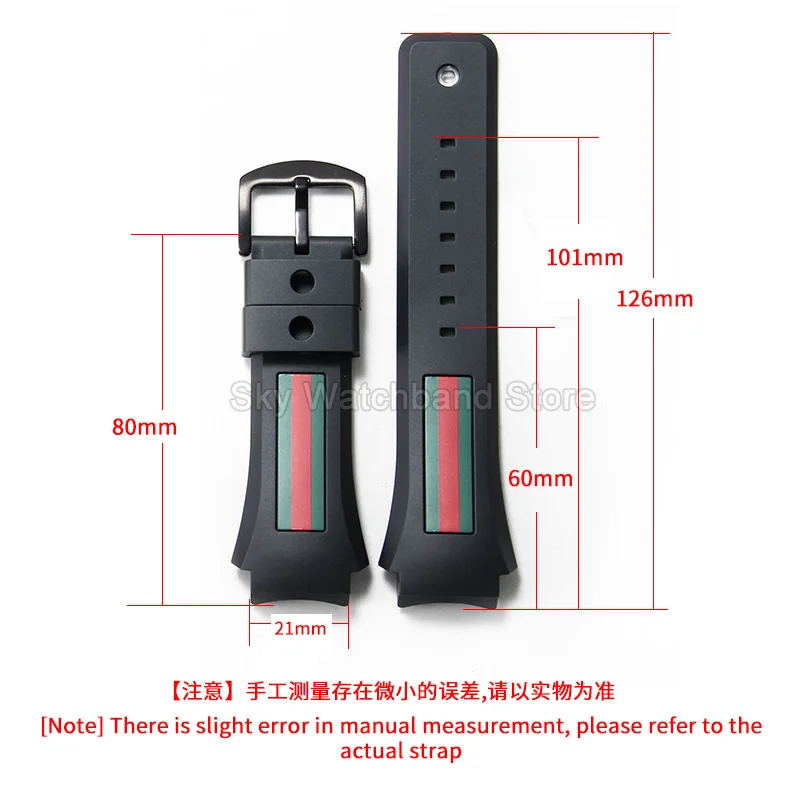 21mm Silicone Watch Band for GC Gucci YA137107A116 Black Curved End with Stainless Pin Buckle and Signature Red Green Stripe