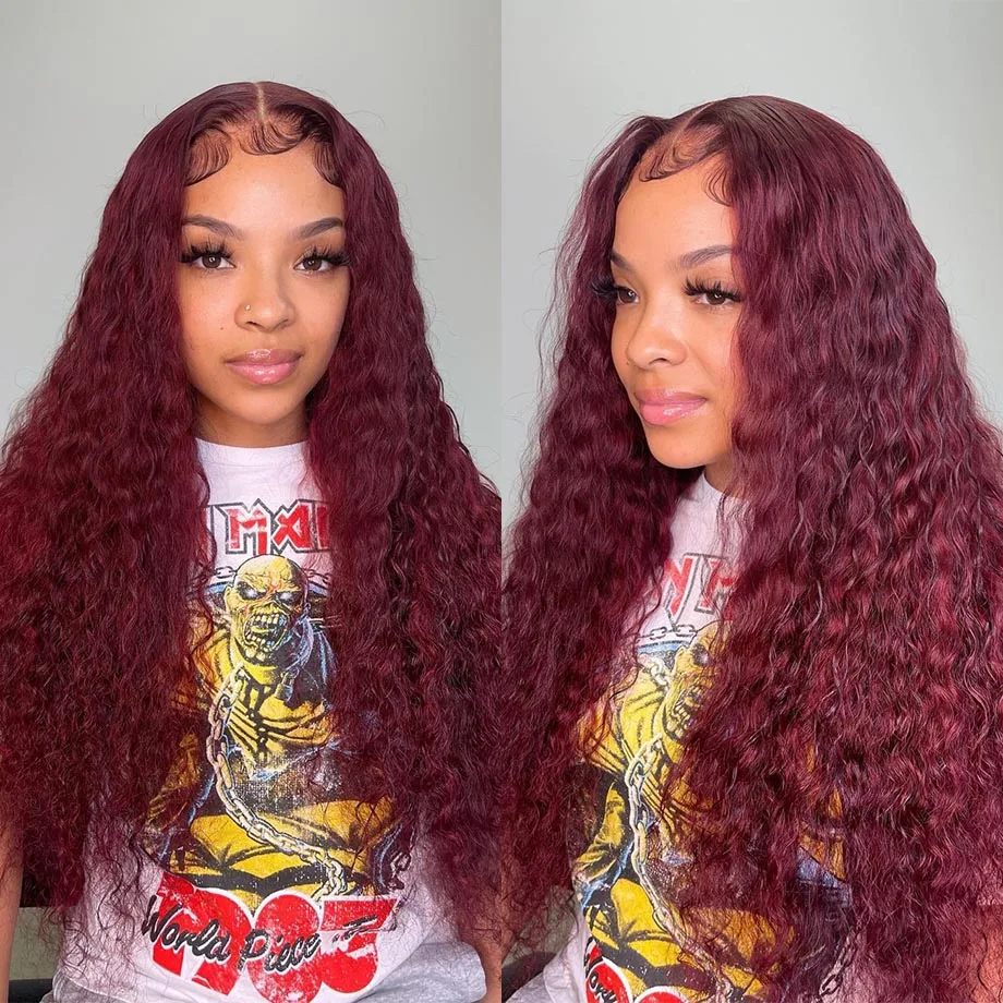 Perruque Lace Front Wig sans colle bouclée Deep Wave pour femme, cheveux humains, couleur rouge bordeaux, 13x4, 13x6