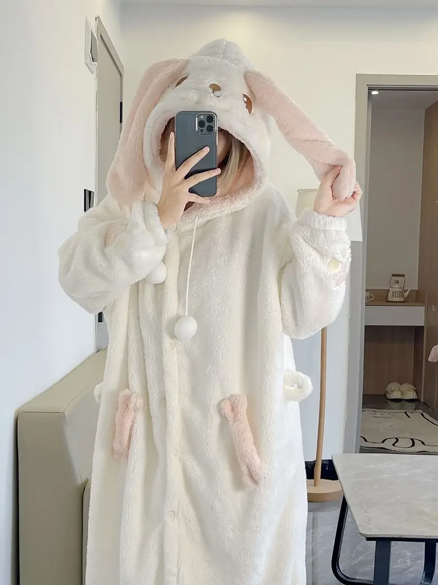 Cartoon Big Eared Rabbit Flannel Pajamas For Women In Winter, Thickened Coral Fleece Warm Home Clothes, Nightgowns, Long Pants