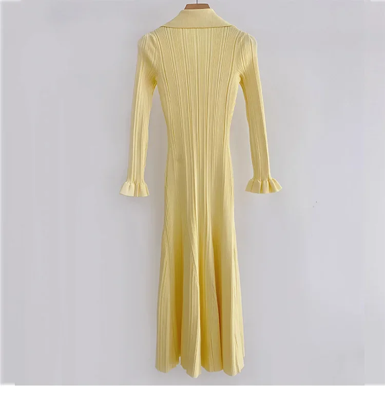 Elegant Cream Yellow Knitted Dressr 2024 Women Slim Long Sleeved Luxury Dresses